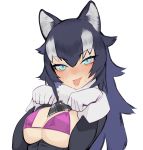  :p animal_ears black_hair blue_eyes blush breasts error eyebrows_visible_through_hair fur_collar gloves grey_wolf_(kemono_friends) hair_between_eyes juz kemono_friends large_breasts long_hair multicolored_hair paw_pose pink_bikini_top simple_background solo tongue tongue_out two-tone_hair upper_body v-shaped_eyebrows white_background white_gloves white_hair wolf_ears 