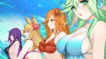  ahri animal_ears bare_shoulders bikini blonde_hair bow breasts choker cleavage closed_eyes flower fox_ears green_eyes green_hair hair_bow hair_flower hair_ornament hair_over_one_eye highres large_breasts league_of_legends multiple_girls open_mouth orange_hair pd_(pdpdlv1) purple_eyes purple_hair sarah_fortune sideboob smile soraka star_guardian_ahri star_guardian_miss_fortune star_guardian_soraka star_guardian_syndra swimsuit syndra underboob water 