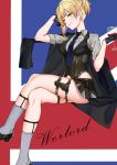  absurdres ass blonde_hair braid corset crossed_legs cup drinking_glass girls_frontline gloves green_eyes highres looking_at_viewer miniskirt necktie pleated_skirt sitting skirt smile socks solo thigh_strap welrod_mk2_(girls_frontline) wine_glass zui_ai_shuang_mawei 
