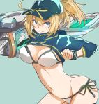  absurdres ahoge aqua_background artoria_pendragon_(all) ass bikini blonde_hair blue_eyes breasts cleavage commentary eyebrows_visible_through_hair fate/grand_order fate_(series) gin_moku groin groin_tendon hair_between_eyes hair_through_headwear hat highres large_breasts medium_breasts mysterious_heroine_xx_(foreigner) navel ponytail shrug_(clothing) side-tie_bikini smile solo swimsuit twinmyniad 