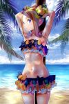  abigail_williams_(fate/grand_order) alternate_hairstyle armpits arms_behind_head arms_up awa_(rosemarygarden) bangs bare_shoulders beach bikini black_bikini black_bow blonde_hair blue_eyes blue_sky blush bow collarbone commentary_request day double_bun fate/grand_order fate_(series) flat_chest forehead frilled_bikini frills hair_bow hips long_hair looking_at_viewer looking_to_the_side miniskirt navel ocean orange_bow palm_tree parted_bangs parted_lips polka_dot polka_dot_bow shadow skirt sky solo sunlight swimsuit thighs tree 