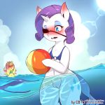  2018 :o accidental_exposure ball beach_ball bikini blue_eyes blush bottomless clothed clothing cloud cold-blooded-twilight cutie_mark detailed_background duo equine eye_patch eyelashes eyeshadow eyewear feathered_wings feathers female fluttershy_(mlp) friendship_is_magic hair hi_res hooves horn makeup mammal mascara my_little_pony navel open_mouth outside pegasus pink_hair purple_hair pussy rarity_(mlp) sea semi-anthro sky solo_focus summer sun swimming swimsuit teeth text unicorn url wardrobe_malfunction water wings yellow_feathers 