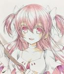  artist_name bad_id bad_twitter_id bow breasts choker cleavage collarbone eyebrows_visible_through_hair gloves highres kaname_madoka long_hair mahou_shoujo_madoka_magica mahou_shoujo_madoka_magica_movie misteor pink_eyes pink_hair solo traditional_media twintails ultimate_madoka upper_body white_gloves white_hair 