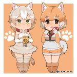  :&lt; :d animal_ear_fluff animal_ears bow bowtie brown_eyes capriccyo cat_(kemono_friends) cat_ears cat_tail chibi closed_eyes collar commentary_request dog_(kemono_friends) dog_ears extra_ears fur-trimmed_shorts green_eyes grey_hair kemono_friends leash looking_at_viewer multicolored_hair multiple_girls open_mouth orange_background orange_hair paw_print short_hair shorts simple_background smile tail thighhighs twitter_username two-tone_hair white_hair 