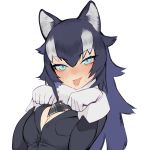  :p animal_ears black_hair blue_eyes blush breasts error eyebrows_visible_through_hair fur_collar gloves grey_wolf_(kemono_friends) hair_between_eyes juz kemono_friends large_breasts long_hair multicolored_hair paw_pose simple_background solo tongue tongue_out two-tone_hair upper_body v-shaped_eyebrows white_background white_gloves white_hair wolf_ears 