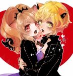  animal_ears asymmetrical_docking big_hair black_choker black_jacket blonde_hair blush breast_press breasts brown_hair cheety_(show_by_rock!!) chino_machiko choker cleavage dress fangs from_side heart hug jacket laina_(show_by_rock!!) leather leather_jacket lion_ears looking_at_viewer looking_to_the_side medium_breasts multiple_girls open_clothes open_jacket open_mouth ponytail purple_dress red_eyes short_sleeves show_by_rock!! slit_pupils yellow_eyes yuri 