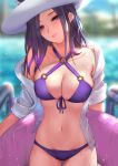  bangs bikini blurry blurry_background caitlyn_(league_of_legends) commentary_request criss-cross_halter day depth_of_field eyes_visible_through_hair front-tie_bikini front-tie_top half-closed_eyes halterneck hat head_tilt highres innertube league_of_legends medium_hair navel o-ring o-ring_bikini o-ring_top off_shoulder open_clothes open_shirt outdoors parted_bangs parted_lips pd_(pdpdlv1) pool_party_caitlyn purple_bikini purple_eyes purple_hair shirt sidelocks solo swimsuit wet wet_clothes wet_shirt 