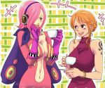  2girls artist_request barefoot bikini blue_eyes blush breasts brown_eyes cleavage curvy elbow_gloves female gloves hair_over_one_eye large_breasts latex legs long_hair midriff multiple_girls nami_(one_piece) navel one_piece open_mouth orange_hair panties pink_hair purple_eyes short_hair skirt smile standing stomach swimsuit tattoo teeth thighhighs thighs tongue tongue_out twintails underwear vinsmoke_reiju 