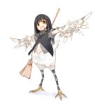  1girl aka_ume black_hair broom feathered_wings feathers female full_body harpy monster_girl open_mouth original simple_background solo white_background wings 