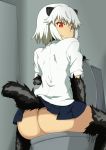  animal_humanoid black_fur butt claws clothed clothing female fur hair hitomi_uzaki humanoid inside killing_bites looking_back no_underwear shirt sitting skirt solo toilet white_hair ５番目の迷い猫 