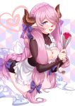  aki663 apron blue_eyes blush bow braid breasts cleavage cleavage_cutout frilled_apron frills granblue_fantasy hair_bow hair_ornament hair_over_one_eye heart holding horn_bow kneeling large_breasts long_hair looking_at_viewer narmaya_(granblue_fantasy) pink_hair pointy_ears ribbed_sweater solo sweater turtleneck turtleneck_sweater whisk 