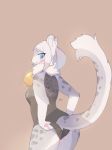  2018 anthro bell blue_eye&#039;s blush butt clothed clothing electrycpynk feline female hair leopard long_tail mammal neck_tuft signature simple_background snow_leopard solo tuft 