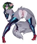  2018 anthro armwear bedroom_eyes bent_over big_breasts blush breasts butt chinchilla clothing ear_piercing elbow_gloves emerald_(yuureikun) female footwear fur gloves green_eyes green_hair grey_fur hair half-closed_eyes hanging_breasts hi_res high_heels leather legwear lips lipstick looking_at_viewer makeup mammal piercing presenting pussy pussy_floss pussy_lips rear_view red_lips rodent seductive shoes simple_background solo standing stilettos thigh_highs thong venusflowerart white_background white_fur 