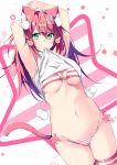  animal_ear_fluff animal_ears arms_up ass_visible_through_thighs bikini blush breasts cat_ears cat_tail cleavage commentary dutch_angle green_eyes groin hair_between_eyes highres hips kurebayashi_noe lifted_by_self long_hair mouth_hold navel original pink pink_hair pom_pom_(clothes) shirt_lift solo star starry_background striped striped_bikini striped_legwear swimsuit tail thigh_gap thighhighs thighs underboob white_background 