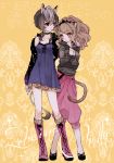  animal_ears arm_around_neck black_choker blonde_hair blue_eyes blush boots breasts cheety_(show_by_rock!!) chino_machiko choker cleavage contrapposto dress eyebrows_visible_through_hair grey_hair lion_ears lion_tail long_sleeves looking_at_another mole mole_under_eye multiple_girls off_shoulder parted_lips pink_footwear ponytail puffy_pants purple_dress red_eyes short_dress show_by_rock!! smile standing tail yellow_background yuri zebrina_(show_by_rock!!) 