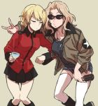  black_skirt black_tank_top blonde_hair bomber_jacket braid closed_eyes coke_bottle commentary_request darjeeling demon_horns denim denim_shorts dog_tags french_braid girls_und_panzer hair_intakes horns jacket kay_(girls_und_panzer) knees_together multiple_girls ree_(re-19) saunders_school_uniform shorts skirt st._gloriana's_military_uniform sunglasses tan_background tank_top thighhighs white_legwear 