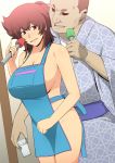  1girl ajiyoshi_noriko apron blush breasts brown_eyes brown_hair cleavage cowboy_shot cup drinking_glass gureko_rouman highres holding holding_microphone indoors japanese_clothes kimono large_breasts legs legs_together matching_hair/eyes microphone milf mister_ajikko music naked_apron no_pupils nude open_mouth short_hair singing standing thighs 