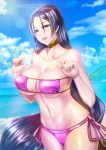  bangs bikini blue_sky blush breasts choker cleavage collarbone commentary_request day dtcy eyepatch_bikini fate/grand_order fate_(series) hair_between_eyes hips large_breasts long_hair looking_at_viewer minamoto_no_raikou_(fate/grand_order) minamoto_no_raikou_(swimsuit_lancer)_(fate) navel ocean open_mouth parted_bangs purple_bikini purple_eyes purple_hair side-tie_bikini sky smile solo sunlight swimsuit very_long_hair 