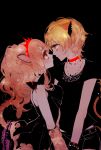  animal_ears black_background black_dress black_shirt blonde_hair blush cheety_(show_by_rock!!) chino_machiko choker closed_mouth dress eye_contact from_side hairband laina_(show_by_rock!!) lion_ears lion_tail looking_at_another multiple_girls profile red_choker shirt short_shorts short_sleeves shorts show_by_rock!! simple_background smile tail wristband yellow_eyes yuri 