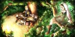  2girls black_eyes boots brown_eyes brown_hair chris_lightfellow coat commentary_request fire forest fur_trim gensou_suikoden gensou_suikoden_iii in_tree knee_boots knee_up long_hair long_sleeves lying multiple_girls nash_latkje nature on_ground on_side outdoors ruruo_(p76) short_hair silver_hair sitting skirt smile tree under_tree veil yun_(suikoden) 