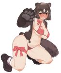  animal_ears bear_ears bear_paws bear_tail bikini blush boots breasts brown_bear_(kemono_friends) brown_eyes brown_hair brown_jacket commentary_request full_body hair_between_eyes hand_up jacket juz kemono_friends large_breasts looking_at_viewer navel nose_blush pink_bikini pink_ribbon ribbon short_hair simple_background socks solo swimsuit tail tears thigh_ribbon v-shaped_eyebrows white_background 