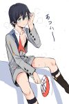  absurdres bangs black_hair blue_eyes chest_scar chicke_iii commentary_request darling_in_the_franxx fan grey_legwear grey_shirt grey_shorts hand_on_own_head highres hiro_(darling_in_the_franxx) holding holding_fan long_sleeves male_focus military military_uniform necktie open_clothes open_shirt paper_fan red_neckwear scar shirt shorts sitting smoke sock_garters socks solo sweat translated uniform 