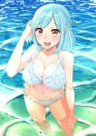  :d aqua_hair blush braid breasts cleavage commentary_request eyebrows_visible_through_hair french_braid groin hand_in_hair highres kurosawa_shouichi large_breasts moira_(nijisanji) mole mole_under_mouth navel nijisanji open_mouth orange_eyes smile solo strap_gap swimsuit swimsuit_skirt virtual_youtuber wading water 