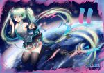  absurdly_long_hair anniversary aqua_eyes bare_shoulders commentary_request detached_sleeves green_hair haneru hatsune_miku long_hair looking_at_viewer necktie paint paintbrush planet skirt sky sleeveless smile solo star_(sky) starry_sky thighhighs twintails very_long_hair vocaloid 