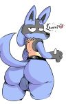  2018 anthro balls big_balls big_butt blue_fur butt canine digital_drawing_(artwork) digital_media_(artwork) elchilenito english_text fur half-closed_eyes looking_at_viewer looking_back lucario male mammal nintendo pok&eacute;mon pok&eacute;mon_(species) presenting presenting_hindquarters simple_background solo speech_bubble text video_games white_background 