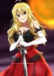  ahoge blonde_hair blurry blurry_background breasts cleavage collarbone cosplay dress elbow_gloves gloves green_eyes hair_between_eyes holding holding_sword holding_weapon hoshii_miki idolmaster idolmaster_(classic) katana kiss-shot_acerola-orion_heart-under-blade kiss-shot_acerola-orion_heart-under-blade_(cosplay) large_breasts lieass long_hair looking_at_viewer monogatari_(series) moon night outdoors parted_lips shiny shiny_hair smile solo strapless strapless_dress sword weapon white_gloves 