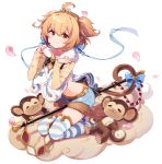  :3 =_= ahoge andira_(granblue_fantasy) animal_ears bell between_legs blonde_hair blue_bow blue_shorts blush bow brown_eyes cleavage_cutout closed_mouth cloud eyebrows_visible_through_hair flying_nimbus from_side fur_trim gold_trim granblue_fantasy highres jingle_bell kneeling long_sleeves looking_at_viewer lying monkey monkey_ears monkey_girl monkey_tail navel on_back petals sharlorc short_hair short_twintails shorts smile staff striped striped_legwear tail tail_bell tail_bow thighhighs twintails white_background 