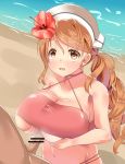  1girl bar_censor beach bikini blush breast_squeeze breasts brown_eyes brown_hair censored collarbone day flower halter_top halterneck hat heart heart-shaped_pupils hetero hibiscus highres huge_breasts kantai_collection kona_matsu littorio_(kantai_collection) long_hair multi-strapped_bikini navel paizuri paizuri_under_clothes penis red_bikini smile string_bikini sweat swimsuit symbol-shaped_pupils wavy_hair 