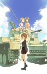  arms_behind_back blue_sky brown_eyes brown_hair bucket child closed_eyes cloud commentary_request cosmic_(crownclowncosmic) cover day girls_und_panzer ground_vehicle happy highres holding_hands kuromorimine_school_uniform looking_at_viewer military military_vehicle motor_vehicle multiple_girls nishizumi_maho nishizumi_miho open_mouth panzerkampfwagen_ii short_hair siblings sisters skirt sky smile summer tank younger 