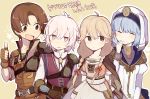  2girls blonde_hair blue_hair bow braid brown_eyes brown_gloves brown_hair cape closed_eyes closed_mouth commentary_request dress effie_(fire_emblem) fingerless_gloves fire_emblem fire_emblem_echoes:_mou_hitori_no_eiyuuou gloves highres kliff_(fire_emblem) long_hair long_sleeves multiple_boys multiple_girls open_mouth parted_lips pink_eyes robin_(fire_emblem_gaiden) short_hair short_sleeves silk_(fire_emblem) simple_background smile thumbs_up twin_braids veil white_hair yamame_0807 