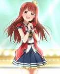  :d belt blue_skirt blush brown_hair cowboy_shot crown crying crying_with_eyes_open floating_hair frilled_skirt frills head_tilt holding holding_microphone idol idolmaster idolmaster_million_live! idolmaster_million_live!_theater_days lieass long_hair microphone mini_crown miniskirt open_mouth pleated_skirt red_eyes shiny shiny_hair shiny_trinity short_sleeves skirt smile solo standing tanaka_kotoha tears tilted_headwear wristband 