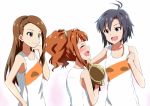  :d antenna_hair black_bow black_hairband blush bow breasts brown_hair closed_eyes collarbone grey_eyes grey_hair hair_between_eyes hair_bow hair_ornament hair_scrunchie hairband hand_on_hip holding idolmaster idolmaster_(classic) kikuchi_makoto lieass long_hair minase_iori multiple_girls open_mouth petting scrunchie shirt short_hair sleeveless sleeveless_shirt small_breasts smile standing takatsuki_yayoi tears twintails upper_body white_background white_shirt 