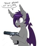  bat_pony bat_wings dialogue english_text equine fan_character fangs female gun hair handgun mammal membranous_wings my_little_pony nolegs_(oc) purple_eyes purple_hair ranged_weapon replica_(artist) shutterstock slit_pupils text threat watermark weapon wings 