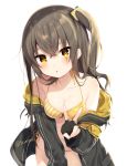  :o bangs bare_shoulders bikini blush breasts brown_hair commentary_request fingerless_gloves front-tie_bikini front-tie_top girls_frontline gloves hair_between_eyes highres jacket leaning_forward long_hair looking_at_viewer mafuyu_(chibi21) medium_breasts navel off_shoulder open_clothes open_jacket open_mouth scar side-tie_bikini sidelocks simple_background solo swimsuit twitter_username ump45_(girls_frontline) v white_background yellow_bikini yellow_eyes 