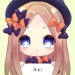  :&gt; abigail_williams_(fate/grand_order) ameyanene bad_id bad_pixiv_id bangs black_dress black_hat blue_eyes blush bow character_name chibi closed_mouth commentary_request dress eyebrows_visible_through_hair fate/grand_order fate_(series) forehead green_background hair_bow hat holding holding_sign light_brown_hair long_hair long_sleeves looking_at_viewer orange_bow parted_bangs polka_dot polka_dot_bow purple_bow short_eyebrows sign simple_background solo 