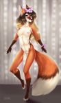  anthro blue_eyes blush breasts canine claws dipstick_tail female flower fox garland gloves_(marking) hair inner_ear_fluff long_hair looking_at_viewer mammal markings multicolored_tail navel nipple_piercing nipples nude on_one_leg piercing plant pussy red_fox sertaa smile solo standing toe_claws white_belly 