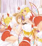  ass bare_shoulders bed blonde_hair blush bow brown_eyes brown_hair commentary earmuffs flandre_scarlet four_of_a_kind_(touhou) gem hair_bow hat highres holding_hands looking_at_another lying mob_cap momo_(baso4) multiple_girls multiple_persona on_back on_side open_mouth pointy_hair puffy_short_sleeves puffy_sleeves red_bow red_eyes red_skirt short_sleeves skirt stuffed_animal stuffed_toy teddy_bear touhou toyosatomimi_no_miko white_hat wings wrist_cuffs yuri 