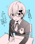  blush bokutachi_wa_benkyou_ga_dekinai breasts check_commentary commentary_request desk glasses heart looking_at_viewer medium_breasts ogata_rizu paper pencil ribbon school_uniform shirt short_hair simple_background solo translated ueharayoyogi 