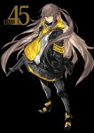  armband black_jacket brown_hair commentary_request girls_frontline gun highres holding holding_gun holding_weapon hood hood_down hooded_jacket jacket karlwolf long_hair open_clothes open_jacket scar ump45_(girls_frontline) weapon yellow_eyes 
