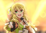  ahoge blonde_hair bow bracelet collarbone eyebrows_visible_through_hair fingerless_gloves gloves green_eyes hair_between_eyes hair_bow holding holding_microphone hoshii_miki idolmaster idolmaster_(classic) jewelry lens_flare lieass long_hair looking_at_viewer microphone necklace shiny shiny_hair sketch solo sparkle upper_body white_gloves 