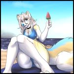  anthro beach camel_toe canine clothing dessert excitedcargoyle female food hi_res ice_cream looking_at_viewer mammal open_mouth seaside smile solo swimsuit thick_thighs towel 