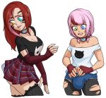  breasts bulge cleavage clothed clothing collar dabunnox dickgirl duo hair heterochromia human intersex mammal not_furry pink_hair red_hair sabrith simple_background tayelle transformation white_background 