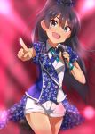  :d aqua_eyes black_hair blue_bow bow commentary cowboy_shot eyebrows_visible_through_hair fang floating_hair ganaha_hibiki hair_between_eyes hair_bow head_tilt high_ponytail holding holding_microphone idol idolmaster idolmaster_(classic) index_finger_raised leg_up lieass long_hair looking_at_viewer microphone open_mouth outstretched_arm shiny shiny_hair short_shorts short_sleeves shorts smile solo sparkle standing standing_on_one_leg very_long_hair white_shorts wristband 