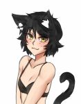  :3 animal_ear_fluff animal_ears black_bra black_hair blush bra cat_ears cat_tail collarbone commentary eyebrows_visible_through_hair flat_chest freckles kemonomimi_mode looking_at_viewer mari_(twrlare) no_shirt original short_hair simple_background smile solo tail twrlare underwear upper_body white_background yellow_eyes 