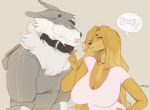  2018 anthro breasts canine cherrikissu cleavage clothed clothing collar digital_media_(artwork) dog dogmom duo female hair hair_over_eye hi_res male mammal pictographics saluki signature simple_background tongue tongue_out wolf 