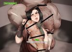  1girl 2boys breasts cum donaught english_text fallout fallout_4 huge_breasts huge_penis multiple_boys penis piper_wright pubic_hair stray_pubic_hair 